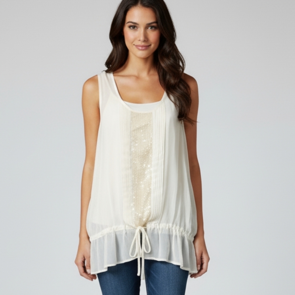 Apt. 9 Cream Sheer Layered Sleeveless Tank Top with Gold Sequin Accents